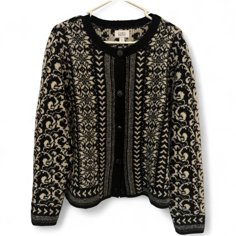 Croft & Barrow Black Cream Knit Cardigan Sweater Large Cozy Classic